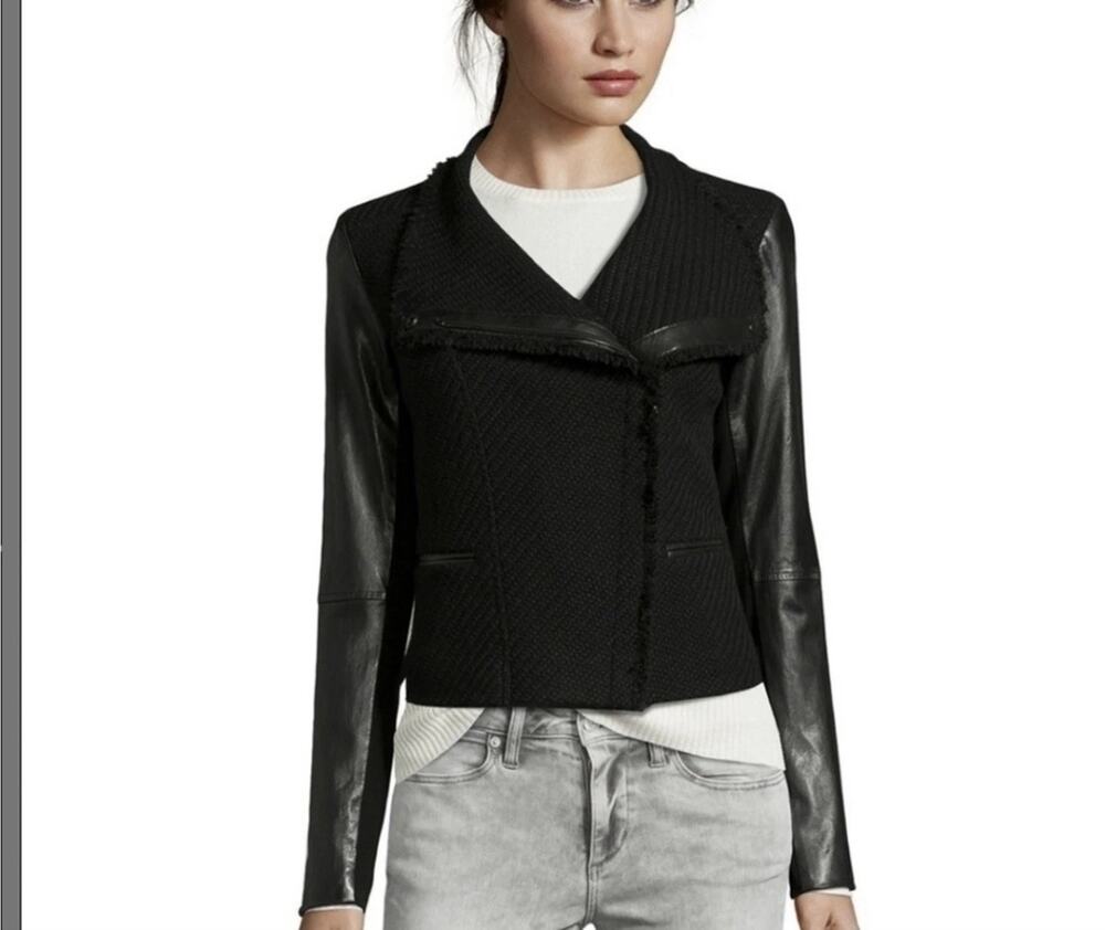 Vince Black wool tweed and leather sleeve moto jacket Womens M